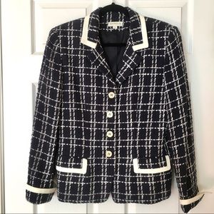 Ann Taylor Navy Plaid Tweed Blazer with Cream Trim Accents